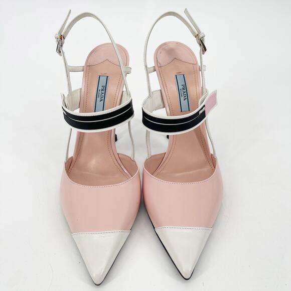 Prada Pink White Brushed Leather Logo Strap Slingback Cap Toe Heels IT 40 - Picture 6 of 16